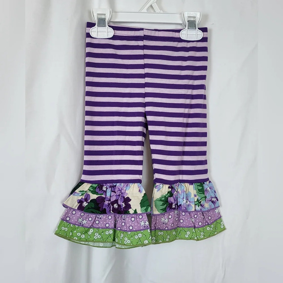 Gurlybird Purple Green Beige Floral‎ Striped Ruffle Cotton Dress Set Size 2T - Picture 8 of 10